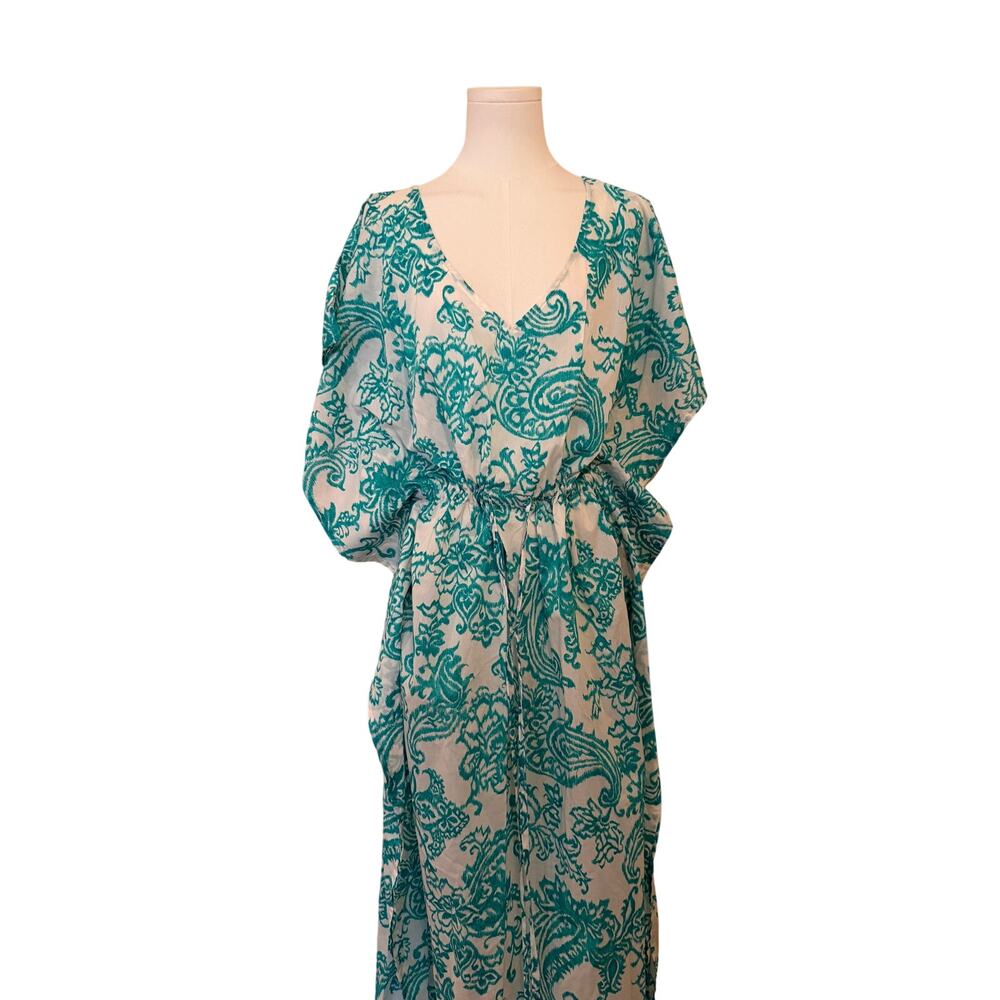 Toshie Italy NWOT Cotton Batwing Dress Aqua White V-Neck Drawstring Beaded - L